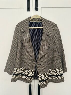 Timo Weiland Black and Cream Plaid Swing Blazer with Cream Tribal Hem